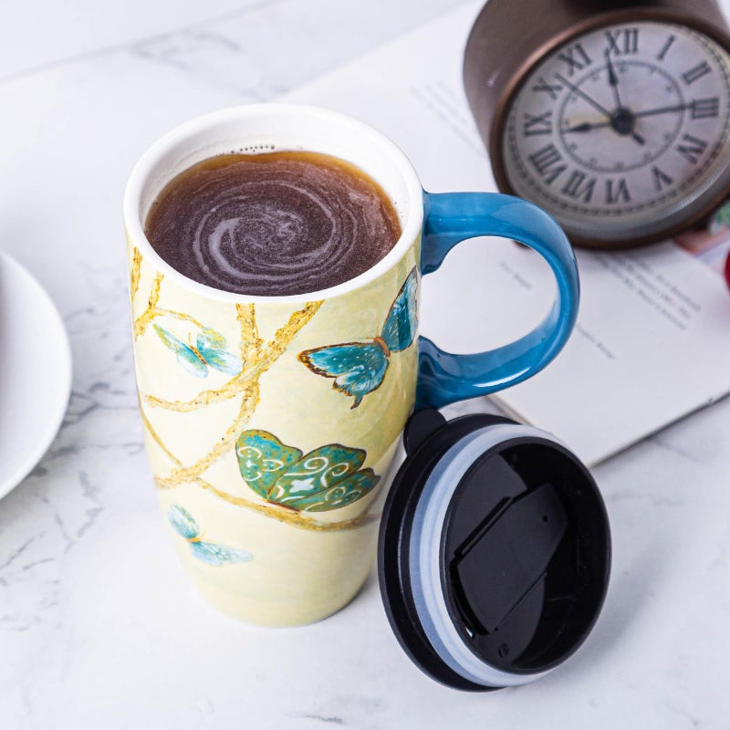 Topadorn Coffee Ceramic Mug Porcelain Latte Tea Cup With Lid 17oz,Novelty Coffee Mugs for Office & Home Blue - Image 5
